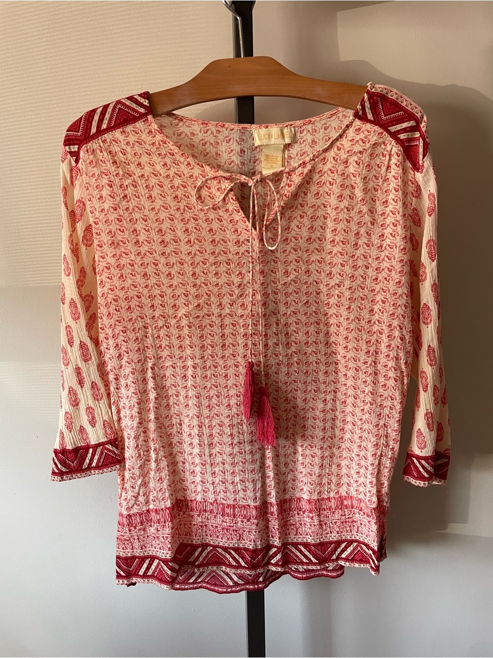 Lucy & Laurel Boho Floral 100% Cotton Peasant Blouse Tassel Tie Tunic Medium